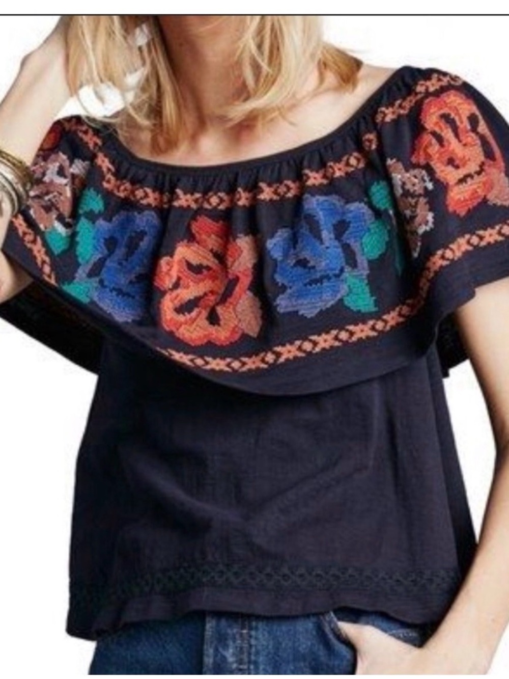 Free People “ To the Left” Black off-the-shoulder peasant top Size Small